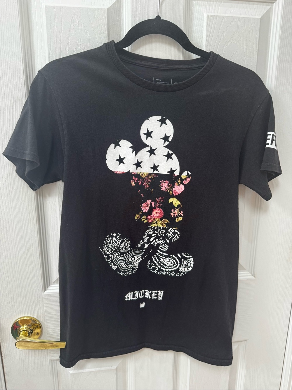 Disney + Neff Black Tee with White Star Mickey and Pink Floral Accents